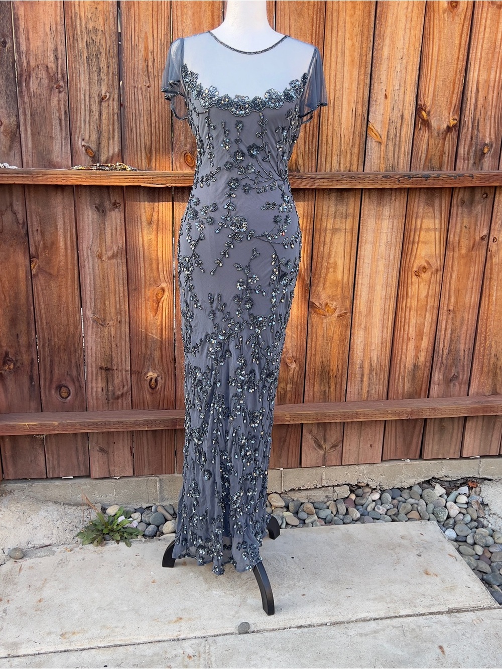 Vintage Stenay Silk Beaded Mesh Illusion Maxi Gown Slate Gray